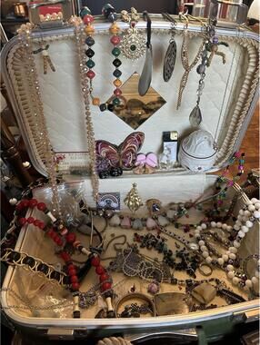Vintage Suitcase Full Jewelry Lot Beaded Necklaces Trinkets Estate Collection